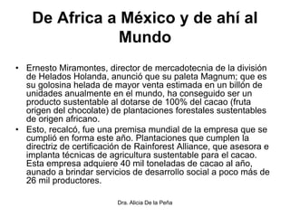 De Africa a México y de ahí al
Mundo
• Ernesto Miramontes, director de mercadotecnia de la división
de Helados Holanda, anunció que su paleta Magnum; que es
su golosina helada de mayor venta estimada en un billón de
unidades anualmente en el mundo, ha conseguido ser un
producto sustentable al dotarse de 100% del cacao (fruta
origen del chocolate) de plantaciones forestales sustentables
de origen africano.
• Esto, recalcó, fue una premisa mundial de la empresa que se
cumplió en forma este año. Plantaciones que cumplen la
directriz de certificación de Rainforest Alliance, que asesora e
implanta técnicas de agricultura sustentable para el cacao.
Esta empresa adquiere 40 mil toneladas de cacao al año,
aunado a brindar servicios de desarrollo social a poco más de
26 mil productores.
Dra. Alicia De la Peña
 