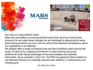 Dra. Alicia de la Peña
Our view on using artificial colors
Mars has committed to removing artificial colors from all of our human food
products. As we make these changes we are dedicated to delivering the same
great tasting products you love, and we will provide absolute transparency about
our ingredients in our labeling.
We already offer a range of products that are free of artificial colors around the
world. It’s part of our ongoing commitment to meet evolving consumer
preferences while taking advantage of new technologies and scientific
information. As an example, in the U.S., the FDA has approved Mars’ petition to
use Spirulina Extract as a naturally sourced color additive in confectionery and
chewing gum
 