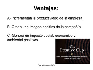 Dra. Alicia de la Peña
Ventajas:
A- Incrementan la productividad de la empresa.
B- Crean una imagen positiva de la compañía.
C- Genera un impacto social, económico y
ambiental positivos.
 