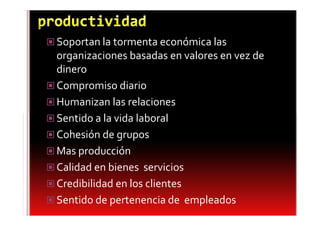 Soportan la tormenta económica las
organizaciones basadas en valores en vez de
dinero
Compromiso diario
Humanizan las relaciones
Sentido a la vida laboral
Cohesión de grupos
Mas producción
Calidad en bienes servicios
Credibilidad en los clientes
Sentido de pertenencia de empleados