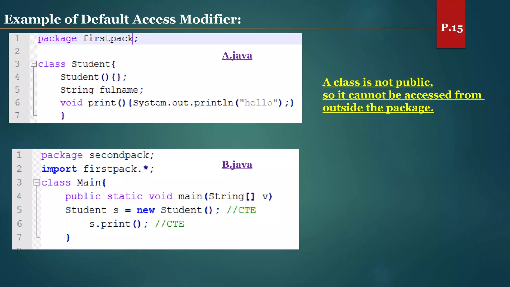 Example of Default Access Modifier:
A.java
A class is not public,
so it cannot be accessed from
outside the package.
B.java
P.15
 