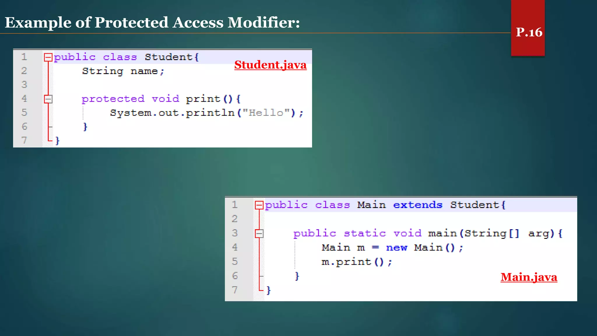 Example of Protected Access Modifier:
Student.java
P.16
Main.java
 