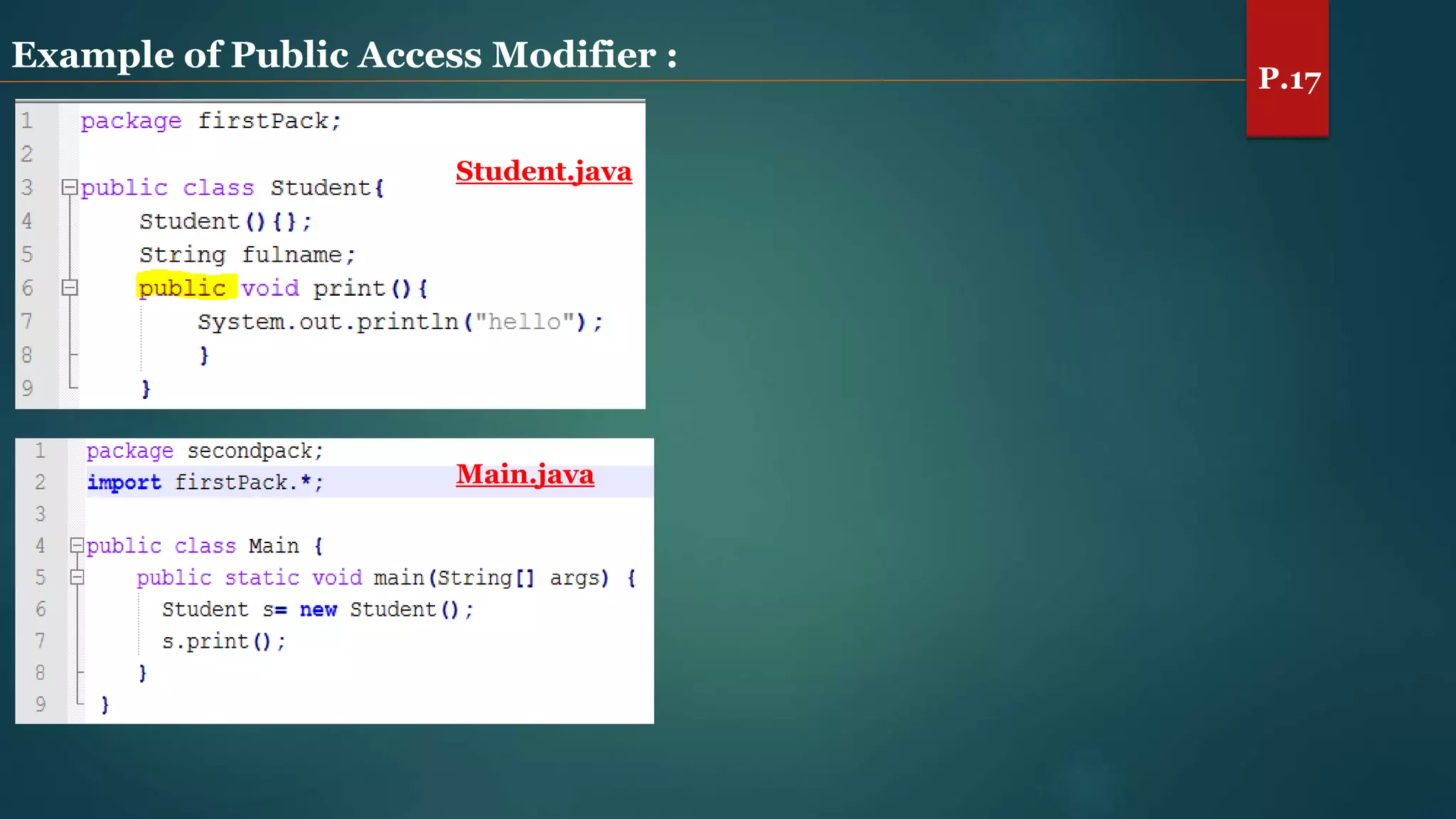 Example of Public Access Modifier :
Student.java
Main.java
P.17
 
