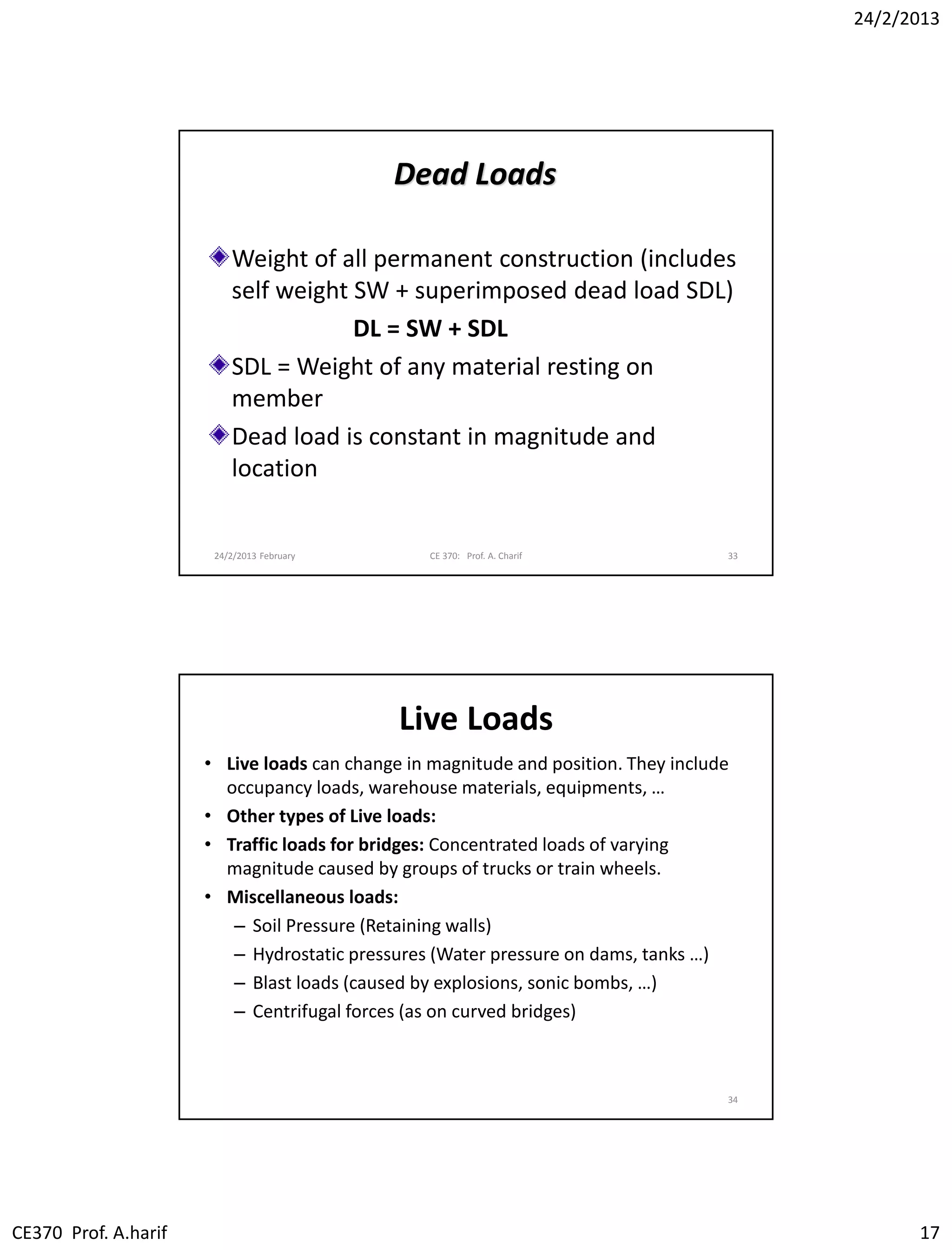 24/2/2013
CE370 Prof. A.harif 17
24/2/2013 February CE 370: Prof. A. Charif 33
Dead Loads
Weight of all permanent construction (includes
self weight SW + superimposed dead load SDL)
DL = SW + SDL
SDL = Weight of any material resting on
member
Dead load is constant in magnitude and
location
Live Loads
• Live loads can change in magnitude and position. They include
occupancy loads, warehouse materials, equipments, …
• Other types of Live loads:
• Traffic loads for bridges: Concentrated loads of varying
magnitude caused by groups of trucks or train wheels.
• Miscellaneous loads:
– Soil Pressure (Retaining walls)
– Hydrostatic pressures (Water pressure on dams, tanks …)
– Blast loads (caused by explosions, sonic bombs, …)
– Centrifugal forces (as on curved bridges)
34
 