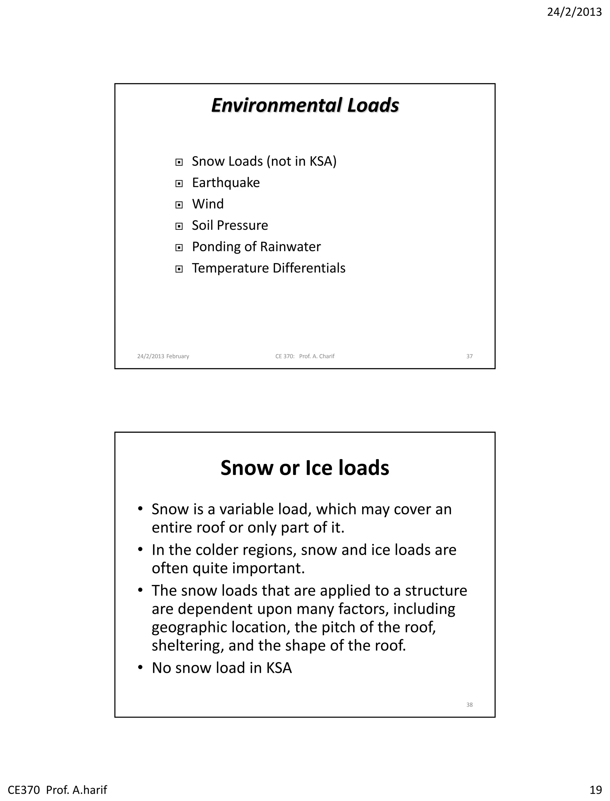 24/2/2013
CE370 Prof. A.harif 19
24/2/2013 February CE 370: Prof. A. Charif 37
Environmental Loads
 Snow Loads (not in KSA)
 Earthquake
 Wind
 Soil Pressure
 Ponding of Rainwater
 Temperature Differentials
Snow or Ice loads
• Snow is a variable load, which may cover an
entire roof or only part of it.
• In the colder regions, snow and ice loads are
often quite important.
• The snow loads that are applied to a structure
are dependent upon many factors, including
geographic location, the pitch of the roof,
sheltering, and the shape of the roof.
• No snow load in KSA
38
 