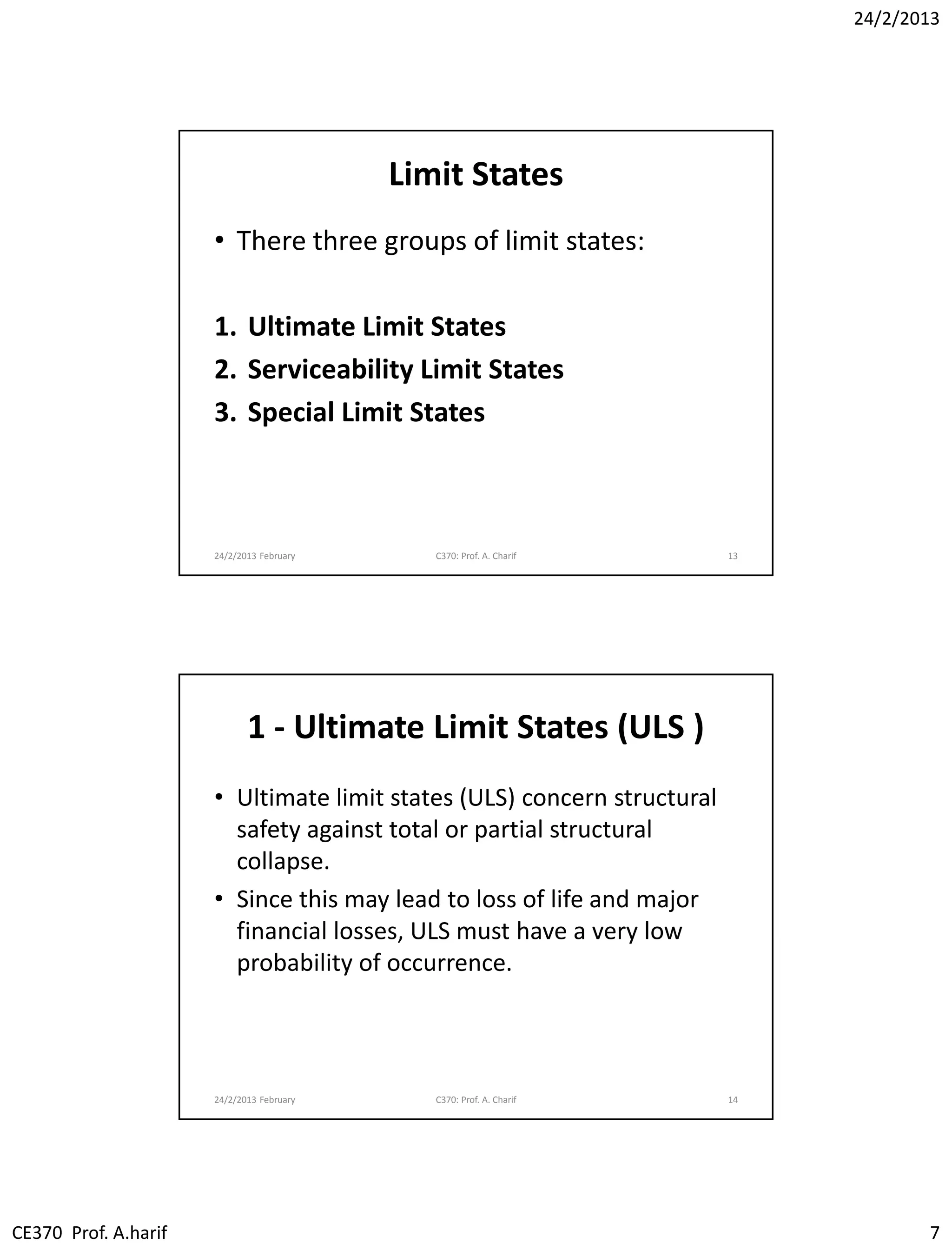 24/2/2013
CE370 Prof. A.harif 7
Limit States
• There three groups of limit states:
1. Ultimate Limit States
2. Serviceability Limit States
3. Special Limit States
24/2/2013 February C370: Prof. A. Charif 13
1 - Ultimate Limit States (ULS )
• Ultimate limit states (ULS) concern structural
safety against total or partial structural
collapse.
• Since this may lead to loss of life and major
financial losses, ULS must have a very low
probability of occurrence.
24/2/2013 February C370: Prof. A. Charif 14
 