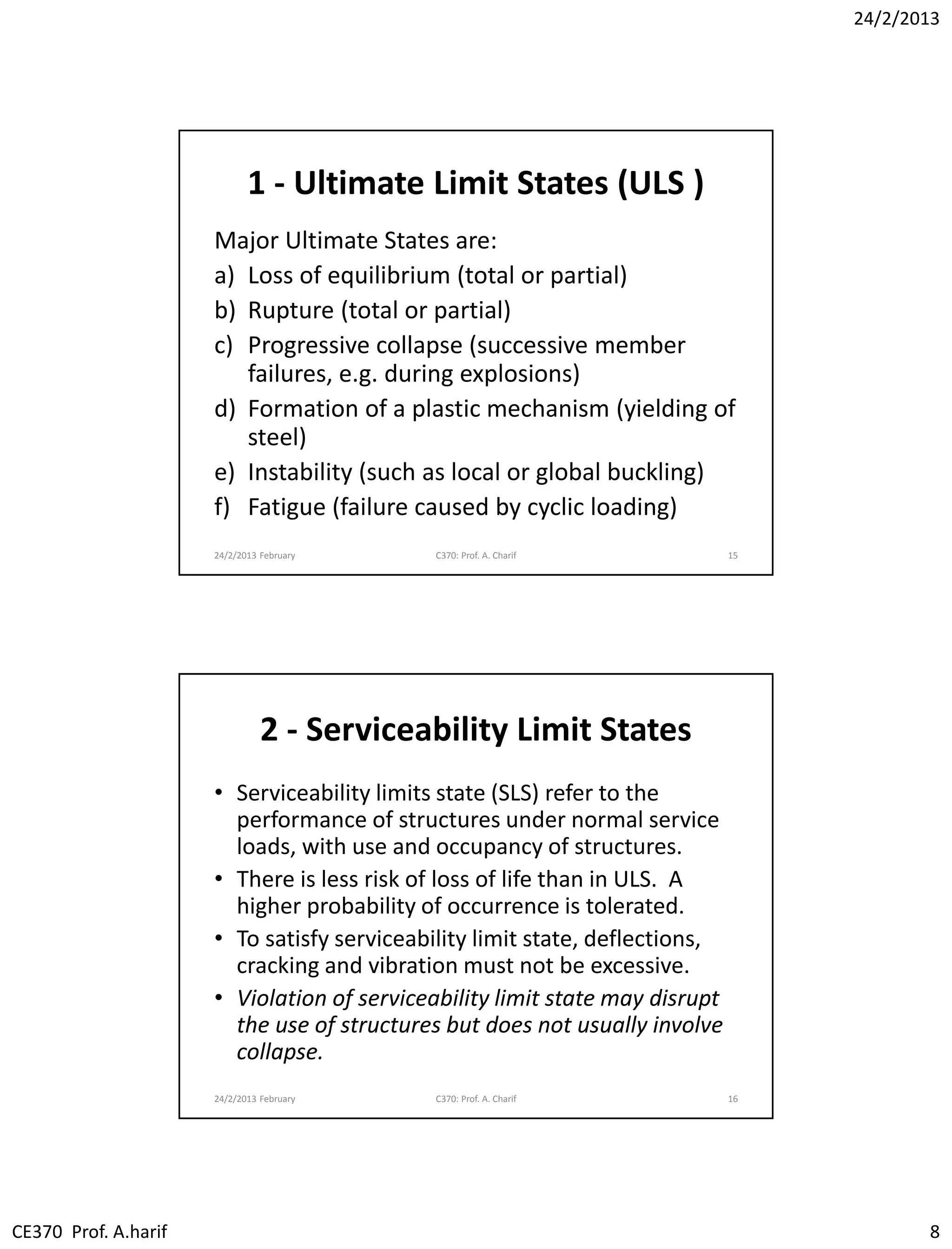 24/2/2013
CE370 Prof. A.harif 8
1 - Ultimate Limit States (ULS )
Major Ultimate States are:
a) Loss of equilibrium (total or partial)
b) Rupture (total or partial)
c) Progressive collapse (successive member
failures, e.g. during explosions)
d) Formation of a plastic mechanism (yielding of
steel)
e) Instability (such as local or global buckling)
f) Fatigue (failure caused by cyclic loading)
24/2/2013 February C370: Prof. A. Charif 15
2 - Serviceability Limit States
• Serviceability limits state (SLS) refer to the
performance of structures under normal service
loads, with use and occupancy of structures.
• There is less risk of loss of life than in ULS. A
higher probability of occurrence is tolerated.
• To satisfy serviceability limit state, deflections,
cracking and vibration must not be excessive.
• Violation of serviceability limit state may disrupt
the use of structures but does not usually involve
collapse.
24/2/2013 February C370: Prof. A. Charif 16
 