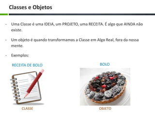 - Um objeto é quando transformamos a Classe em Algo Real, fora da nossa
mente.
Classes e Objetos
- Uma Classe é uma IDEIA, um PROJETO, uma RECEITA. É algo que AINDA não
existe.
- Exemplos:
RECEITA DE BOLO BOLO
CLASSE OBJETO
 