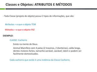 Classes e Objetos: ATRIBUTOS E MÉTODOS
- Toda Classe (projeto de objeto) possui 2 tipos de informações, que são:
Atributos = o que o objeto TEM
Métodos = o que o objeto FAZ
EXEMPLO:
CLASSE: Cachorro
Existe na mente de Deus.
Animal Mamífero com 4 patas (2 traseiras, 2 dianteiras), calda longa,
dentes molares fortes, tamanho variável, sociável, latem e podem ser
facilmente domesticados.
Cada cachorro que existe é uma instância da Classe Cachorro.
 