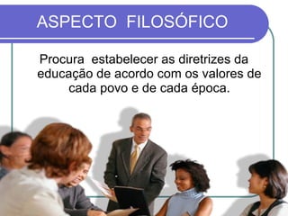 ASPECTO  FILOSÓFICO Procura  estabelecer as diretrizes da educação de acordo com os valores de cada povo e de cada época. 