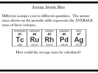 Average Atomic Mass
Different isotopes exist in different quantities. The atomic
mass shown on the periodic table represents the AVERAGE
mass of these isotopes.
How could the average mass be calculated?
 