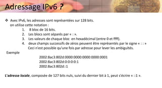  Avec IPv6, les adresses sont représentées sur 128 bits.
on utilise cette notation :
1. 8 bloc de 16 bits.
2. Les blocs sont séparés par « : ».
3. Les valeurs de chaque bloc en hexadécimal (entre 0 et ffff).
4. deux champs successifs de zéros peuvent être représentés par le signe « : : »
Ceci n'est possible qu'une fois par adresse pour lever les ambiguïtés.
Exemple
2002:8ac3:802d:0000:0000:0000:0000:0001
2002:8ac3:802d:0:0:0:0:1
2002:8ac3:802d::1
L'adresse locale, composée de 127 bits nuls, suivi du dernier bit à 1, peut s'écrire « ::1 ».
Adressage IPv6 ?
 
