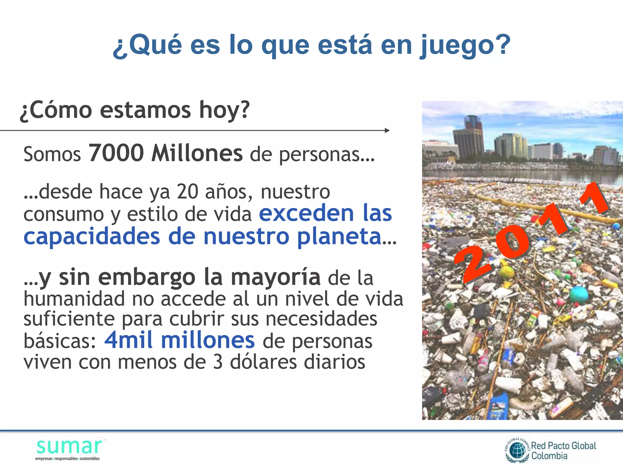 ¿Qué es lo que está en juego?

¿Cómo estamos hoy?
Somos 7000 Millones de personas…
…desde hace ya 20 años, nuestro
consumo y estilo de vida exceden las
capacidades de nuestro planeta…
…y sin embargo la mayoría de la
humanidad no accede al un nivel de vida
suficiente para cubrir sus necesidades
básicas: 4mil millones de personas
viven con menos de 3 dólares diarios
 