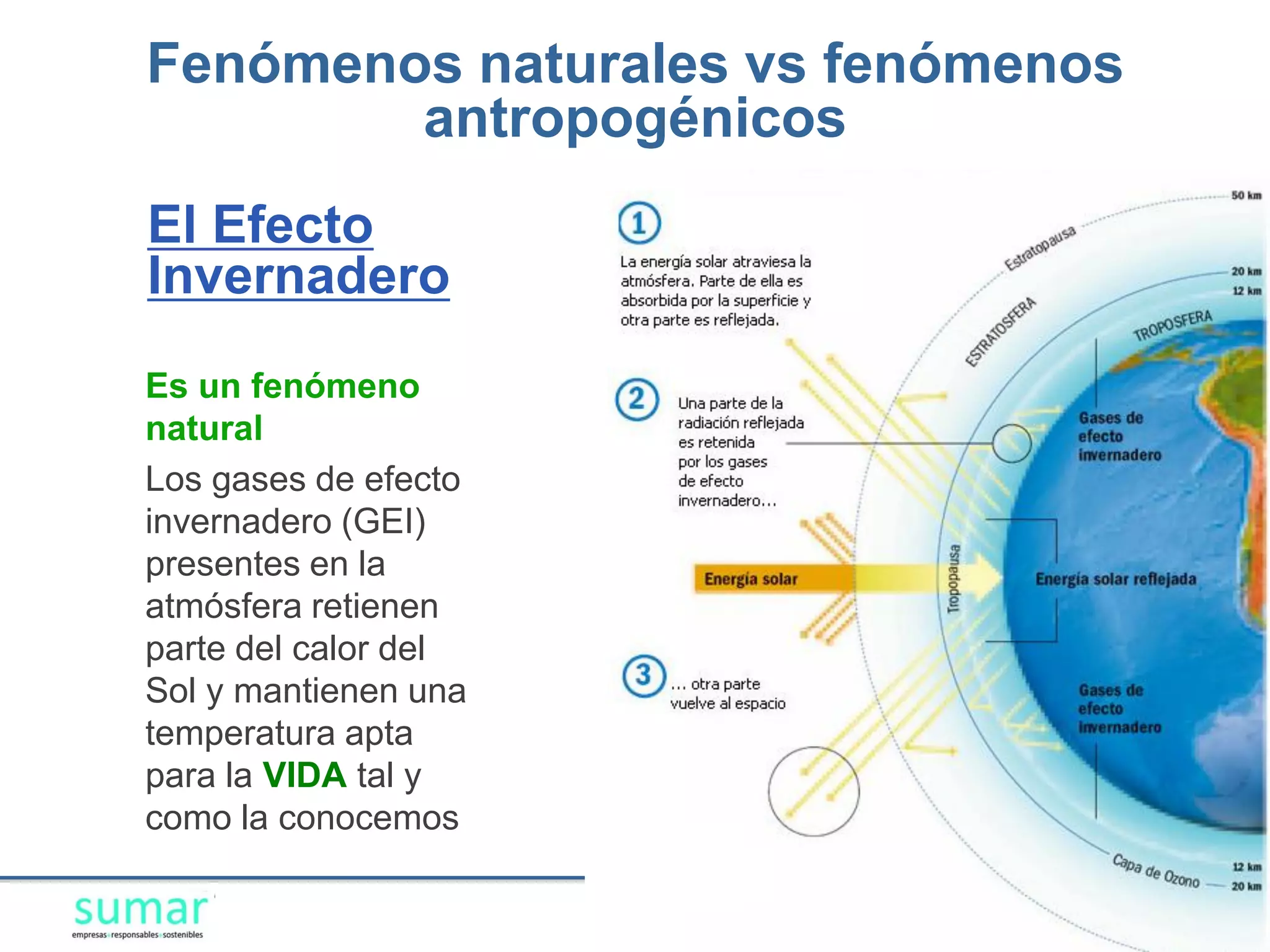Fenómenos naturales vs fenómenos
        antropogénicos
El Efecto
Invernadero
Es un fenómeno
natural
Los gases de efecto
invernadero (GEI)
presentes en la
atmósfera retienen
parte del calor del
Sol y mantienen una
temperatura apta
para la VIDA tal y
como la conocemos
 