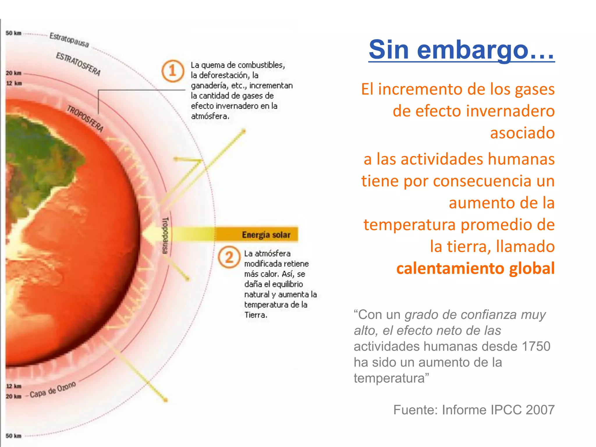 Sin embargo…
 El incremento de los gases
      de efecto invernadero
                     asociado
 a las actividades humanas
 tiene por consecuencia un
              aumento de la
 temperatura promedio de
           la tierra, llamado
       calentamiento global

“Con un grado de confianza muy
alto, el efecto neto de las
actividades humanas desde 1750
ha sido un aumento de la
temperatura”

      Fuente: Informe IPCC 2007
 