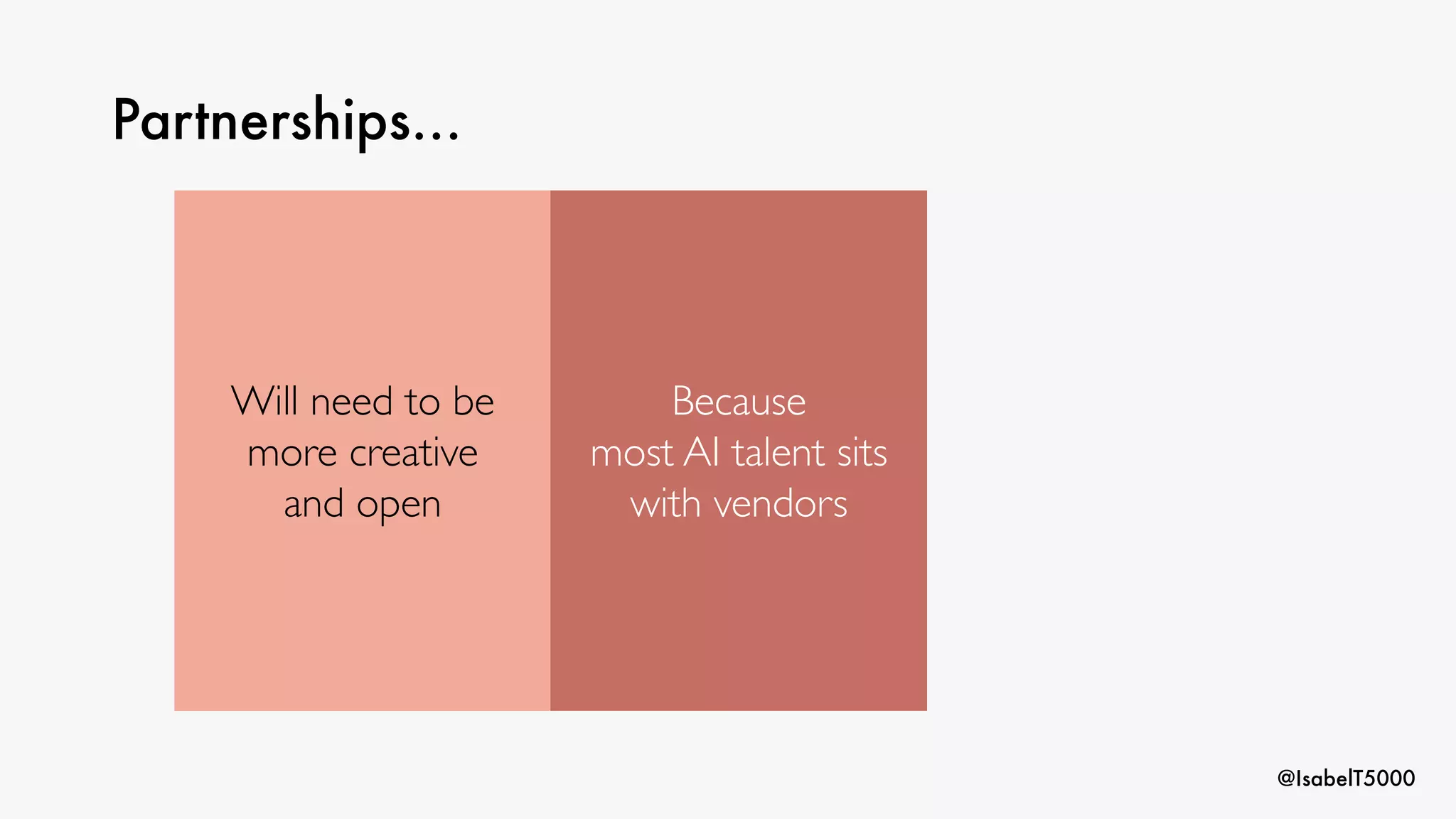 @IsabelT5000
Partnerships…
Will need to be
more creative
and open
Because
most AI talent sits
with vendors
 