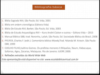 1. Bíblia Sagrada NVI; São Paulo; Ed. Vida; 2001
2. Bíblia em ordem cronológica (Editora Vida)
3. Bíblia De Estudo NVI, Barker; São Paulo; Ed. Vida; 2003
4. Bíblia de Estudo Arqueológica NVI – Kunz André Claiton e outros – Editora Vida – 2013
5. Manual Bíblico SBB; trad. Noronha, Lailah; São Paulo; Ed. Sociedade Bíblica do Brasil; 2008
6. PFEIFER, Charles F. (edit.). Comentário bíblico Moody.Trad. Yolanda M. Krievin. São Paulo:
EBR, 1999
7. COELHO FILHO,Isaltino Gomes. Os profetas menores II:Miquéias, Naum, Habacuque,
Sofonias, Ageu, Zacarias, Malaquias. Rio de Janeiro: JUERP, 2000.
8. Reflexões extraídas da World Wide Web
Esta apresentação está disponível no site: www.escolabiblicavirtual.com.br
 