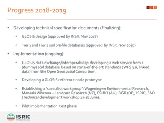Progress 2018-2019
• Developing technical specification documents (finalizing):
• GLOSIS design (approved by INSII, Nov 2018)
• Tier 1 andTier 2 soil profile databases (approved by INSII, Nov 2018)
• Implementation (ongoing):
• GLOSIS data exchange/interoperability: developing a web service from a
(dummy) soil database based on state-of-the-art standards (WFS 3.0, linked
data) from the Open Geospatial Consortium.
• Developing a GLOSIS reference node prototype
• Establishing a ‘specialist workgroup’:Wageningen Environmental Research,
Manaaki Whenua – Landcare Research (NZ), CSIRO (AU), BGR (DE), ISRIC, FAO
(Technical development workshop 17-18 June).
• Pilot implementation: test phase
 