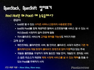 OpenStack, OpenShift 알아보기
Red Hat은 왜 PaaS 에 눈독들이나?
– 공급자
 IaaS로 벌 수 있는 수익은 서버나 스토리지 사용료로 한정
 IaaS와 PaaS를 함께 제공하면 웹에서 소프트웨어를 서비스 할 수 있는 서
비스(SaaS) 시장까지 길이 한번에 열림
 자사 클라우드 서비스에 고객을 묶어둘 가능성도 커지기 마련
– 고객 요구
 메인프레임, 클라이언트 서버, 웹 인터넷, 클라우드 시대가 되면서 기존 애
플리케이션과 개발 환경이 클라우드 환경으로 많이 이동하고 있는 추세
 개발용 플랫폼을 구성하기 위해 필요한 개발 언어, 개발도구, 런타임 서비
스 같은 리소스가 제공돼 제때 시장에 서비스를 낼 수 있는 혜택을 얻을 수
있는 PaaS를 주목하기 시작
 