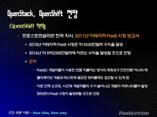 OpenStack, OpenShift 전망
OpenShift 현황
– 프로스트앤설리번 한국 지사, 2011년 아태지역 PaaS 시장 보고서
 2010년 아태지역 PaaS 시장은 약 4320만달러 수익을 달성
 2016년 약 5억2300만달러에 이르는 수익을 달성할 것으로 전망
 근거
– PaaS는 개발자들이 사용한 만큼 지불하는 방식의 확장성 IT 인프라뿐 아니라 애
플리케이션 개발과 테스트에 필요한 장비들에도 접근할 수있게 함
– 이로 인해 소규모, 시간제 개발자들의 수가 늘어나고 개발자 커뮤니티들이 활성
화되면서 PaaS 시장이 활성화될 것으로 전망
 