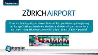 Europe‘s leading airport streamlines all its operations by integrating
all its applications, hardware devices and external partners onto a
common integration backbone with a lean team of just 4 people!

11 |

©2013 Software AG. All rights reserved. For internal use only

 