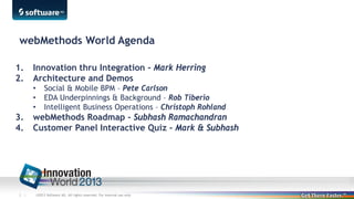 webMethods World Agenda
1.
2.

Innovation thru Integration - Mark Herring
Architecture and Demos
•
•
•

3.
4.

2 |

Social & Mobile BPM – Pete Carlson
EDA Underpinnings & Background – Rob Tiberio
Intelligent Business Operations – Christoph Rohland

webMethods Roadmap - Subhash Ramachandran
Customer Panel Interactive Quiz - Mark & Subhash

©2013 Software AG. All rights reserved. For internal use only

 