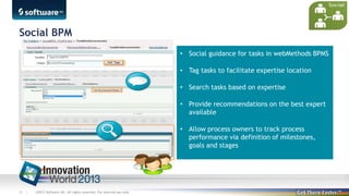 Social BPM
• Social guidance for tasks in webMethods BPMS
• Tag tasks to facilitate expertise location
• Search tasks base...