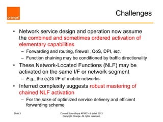 Challenges
• Network service design and operation now assume
the combined and sometimes ordered activation of
elementary c...