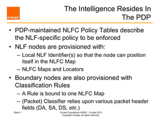 The Intelligence Resides In
The PDP
• PDP-maintained NLFC Policy Tables describe
the NLF-specific policy to be enforced
• ...