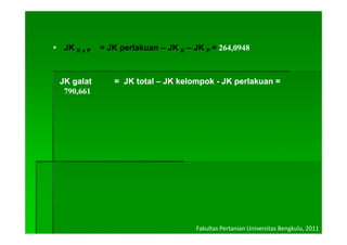 JK K x P   = JK perlakuan – JK K – JK P = 264,0948



JK galat       = JK total – JK kelompok - JK perlakuan =
 790,661
    ,




                                     Fakultas Pertanian Universitas Bengkulu, 2011
 