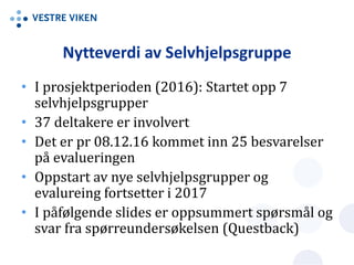 Nytteverdi av Selvhjelpsgruppe
• I prosjektperioden (2016): Startet opp 7
selvhjelpsgrupper
• 37 deltakere er involvert
• Det er pr 08.12.16 kommet inn 25 besvarelser
på evalueringen
• Oppstart av nye selvhjelpsgrupper og
evalureing fortsetter i 2017
• I påfølgende slides er oppsummert spørsmål og
svar fra spørreundersøkelsen (Questback)
 