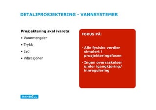 DETALJPROSJEKTERING - VANNSYSTEMER



Prosjektering skal ivareta:
                              FOKUS PÅ:
•  Vannmengder

•  Trykk
                              •  Alle fysiske verdier
•  Lyd                           simulert i
                                 prosjekteringsfasen
•  Vibrasjoner                                          Ligh
                              •  Ingen overraskelser
                                 under igangkjøring/
                                 innregulering
 