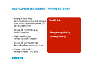 DETALJPROSJEKTERING - VANNSYSTEMER



•  Energimålere med
   kommunikasjon mot SD-anlegg   FOKUS PÅ:
   med vannmengdeangivelse på
   alle hovedkurser.

•  Fokus på forinstilling av
   radiatorventiler              •  Mengderegulering
•  Trykkuavhengige               •  Innregulering      Ligh
   innreguleringsventiler?

•  Fokus på innregulerings-
   kunnskap hos rørentreprenør

•  Samarbeid mellom
   entreprenører (rør/ SD)
 