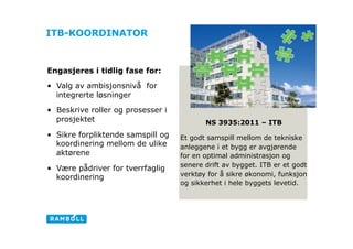 ITB-KOORDINATOR



Engasjeres i tidlig fase for:
•  Valg av ambisjonsnivå for
   integrerte løsninger

•  Beskrive roller og prosesser i
   prosjektet                              NS 3935:2011 – ITB
•  Sikre forpliktende samspill og   Et godt samspill mellom de tekniske      Con
   koordinering mellom de ulike     anleggene i et bygg er avgjørende
   aktørene                         for en optimal administrasjon og
                                    senere drift av bygget. ITB er et godt
•  Være pådriver for tverrfaglig
   koordinering                     verktøy for å sikre økonomi, funksjon
                                    og sikkerhet i hele byggets levetid.
 