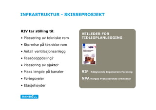 INFRASTRUKTUR - SKISSEPROSJEKT



RIV tar stilling til:
                                VEILEDER FOR
•  Plassering av tekniske rom   TIDLIGPLANLEGGING

•  Størrelse på tekniske rom

•  Antall ventilasjonsanlegg

•  Fasadeoppdeling?                                                     Dar
•  Plassering av sjakter

•  Maks lengde på kanaler       RIF   Rådgivende Ingeniørers Forening


•  Føringsveier                 NPA Norges Praktiserende Arkitekter

•  Etasjehøyder
 