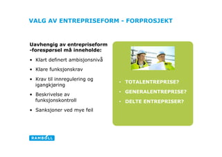 VALG AV ENTREPRISEFORM - FORPROSJEKT



Uavhengig av entrepriseform
-forespørsel må inneholde:

•  Klart definert ambisjonsnivå

•  Klare funksjonskrav

•  Krav til innregulering og
                                  •  TOTALENTREPRISE?
   igangkjøring                                           Lim
                                  •  GENERALENTREPRISE?
•  Beskrivelse av
   funksjonskontroll              •  DELTE ENTREPRISER?
•  Sanksjoner ved mye feil
 