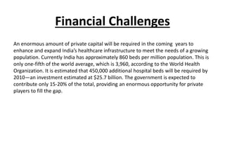 Financial Challenges
An enormous amount of private capital will be required in the coming years to
enhance and expand India’s healthcare infrastructure to meet the needs of a growing
population. Currently India has approximately 860 beds per million population. This is
only one-fifth of the world average, which is 3,960, according to the World Health
Organization. It is estimated that 450,000 additional hospital beds will be required by
2010—an investment estimated at $25.7 billion. The government is expected to
contribute only 15-20% of the total, providing an enormous opportunity for private
players to fill the gap.
 