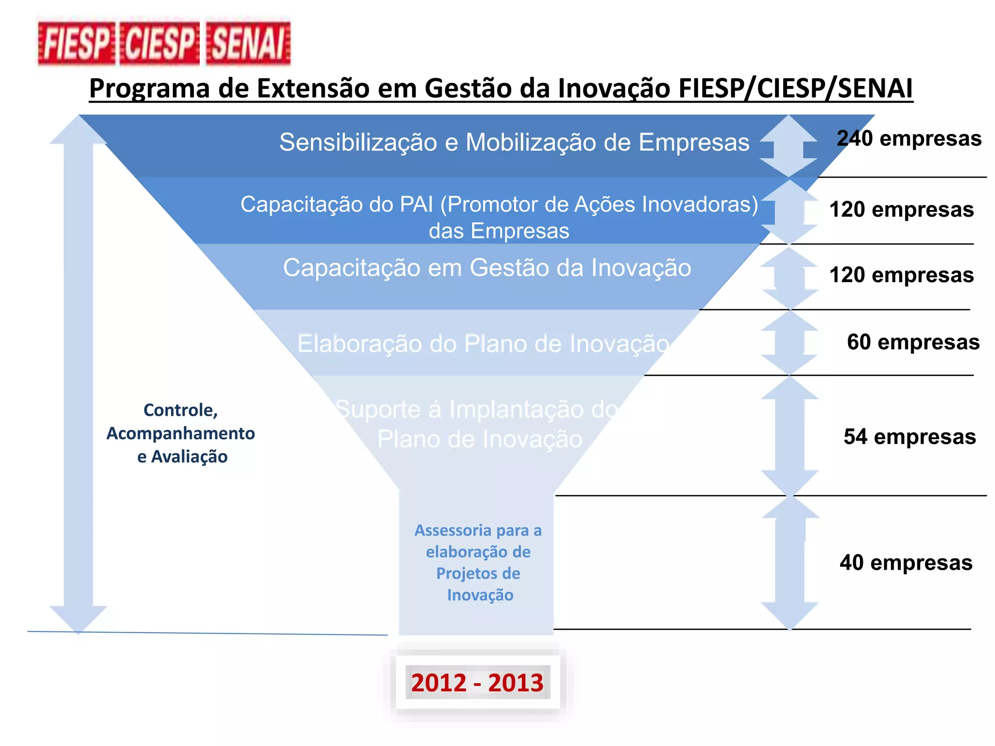 Programa de Extensão em Gestão da Inovação FIESP/CIESP/SENAI
2012 - 2013
Sensibilização e Mobilização de Empresas
Capacitação em Gestão da Inovação
Elaboração do Plano de Inovação
Suporte á Implantação do
Plano de Inovação
Assessoria para a
elaboração de
Projetos de
Inovação
Controle,
Acompanhamento
e Avaliação
120 empresas
60 empresas
40 empresas
54 empresas
120 empresas
240 empresas
Capacitação do PAI (Promotor de Ações Inovadoras)
das Empresas
 