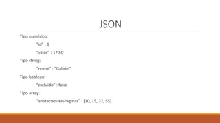 JSON
Tipo numérico:
“id” : 1
“valor” : 17.50
Tipo string:
“nome” : “Gabriel”
Tipo boolean:
“excluido” : false
Tipo array:
“anotacoesNasPaginas” : [10, 15, 32, 55]
 