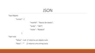JSON
Tipo Objeto
“cursos” : {
“manhã” : “Banco de dados”,
“tarde” : “.NET”,
“noite” : “NodeJS”
}
Tipo nulo
“faltas” : null // retorna um objeto nulo
“fatas” : “” // retorna uma string vazia
 