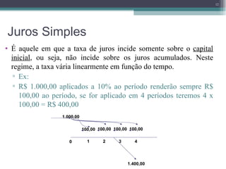 Juros Simples É aquele em que a taxa de juros incide somente sobre o  capital inicial , ou seja, não incide sobre os juros acumulados. Neste regime, a taxa vária linearmente em função do tempo. Ex: R$ 1.000,00 aplicados a 10% ao período renderão sempre R$ 100,00 ao período, se for aplicado em 4 períodos teremos 4 x 100,00 = R$ 400,00  1.000,00 100,00 100,00 100,00 100,00 1.400,00 0 1 2 3 4 