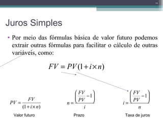 Juros Simples Por meio das fórmulas básica de valor futuro podemos extrair outras fórmulas para facilitar o cálculo de outras variáveis, como:  Valor futuro Prazo Taxa de juros 