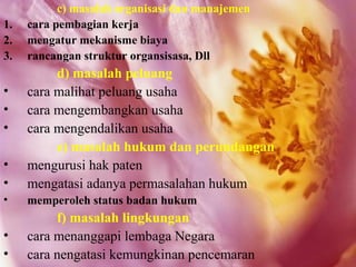 c) masalah organisasi dan manajemen
1.   cara pembagian kerja
2.   mengatur mekanisme biaya
3.   rancangan struktur organsisasa, Dll
          d) masalah peluang
•    cara malihat peluang usaha
•    cara mengembangkan usaha
•    cara mengendalikan usaha
          e) masalah hukum dan perundangan
•    mengurusi hak paten
•    mengatasi adanya permasalahan hukum
•    memperoleh status badan hukum
          f) masalah lingkungan
•    cara menanggapi lembaga Negara
•    cara nengatasi kemungkinan pencemaran
 