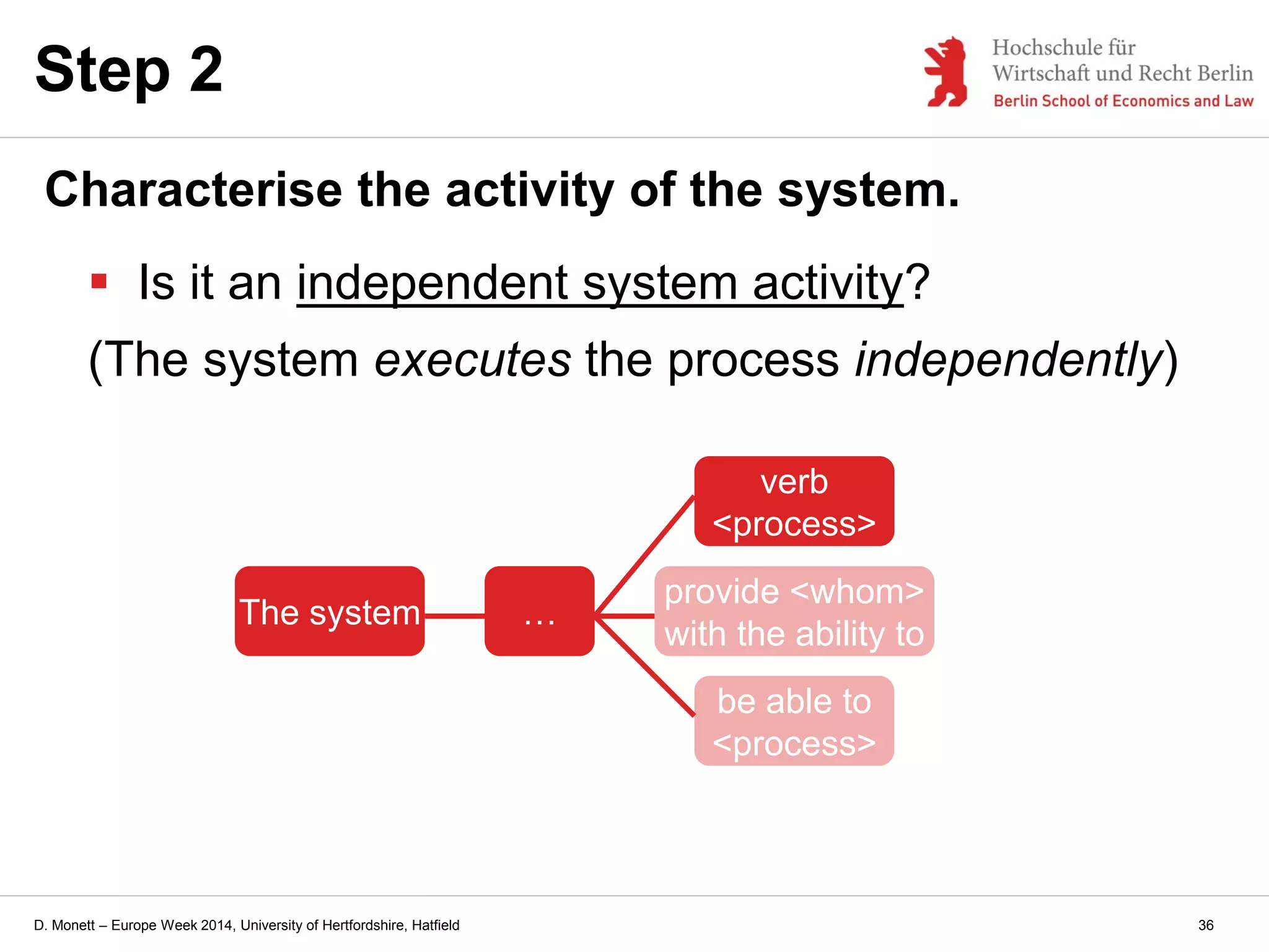 D. Monett – Europe Week 2014, University of Hertfordshire, Hatfield
Step 2
Characterise the activity of the system.
 Is it an independent system activity?
(The system executes the process independently)
The system …
provide <whom>
with the ability to
verb
<process>
be able to
<process>
36
 
