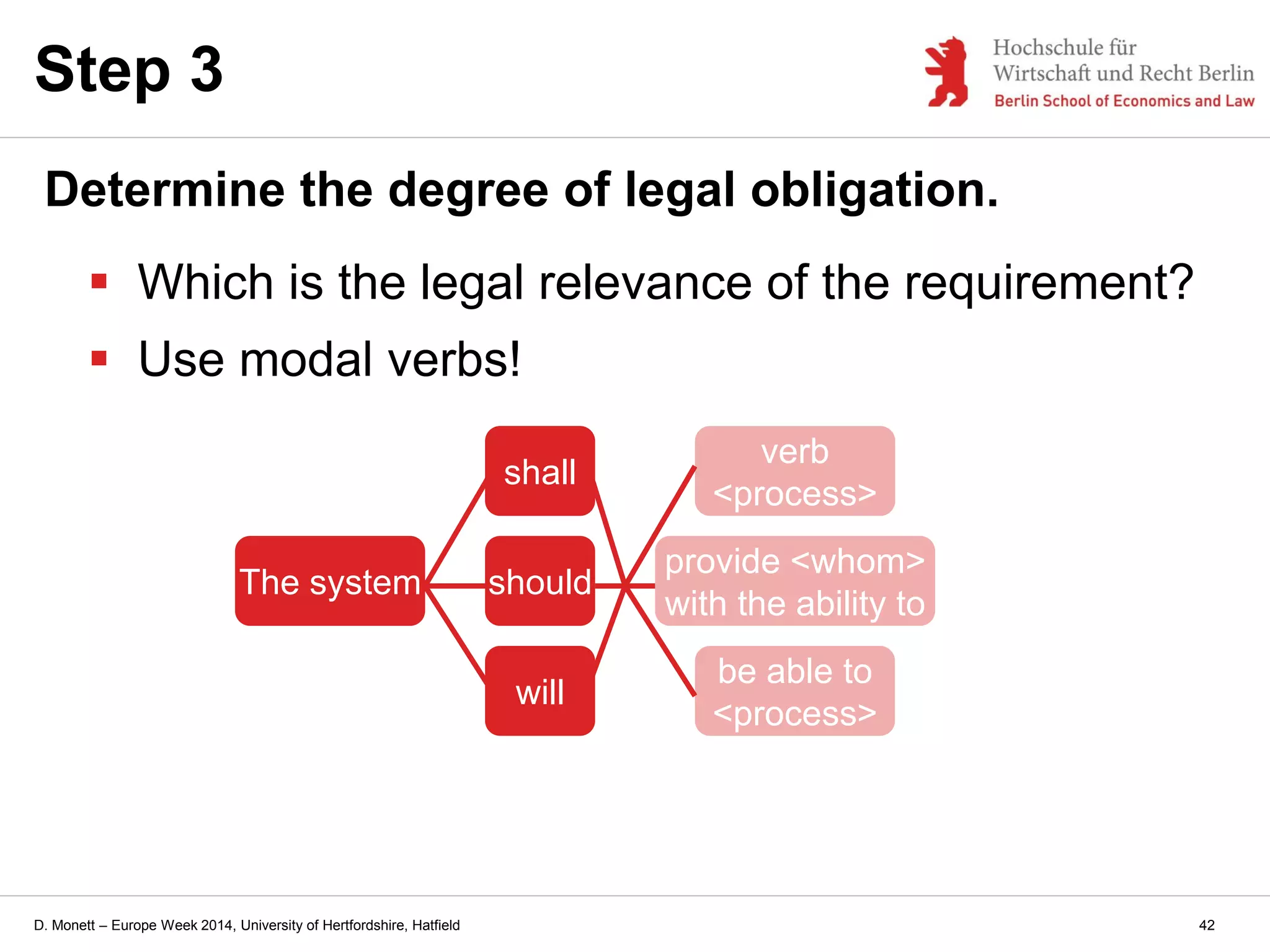 D. Monett – Europe Week 2014, University of Hertfordshire, Hatfield
Step 3
Determine the degree of legal obligation.
 Which is the legal relevance of the requirement?
 Use modal verbs!
The system should
provide <whom>
with the ability to
verb
<process>
be able to
<process>
will
shall
42
 