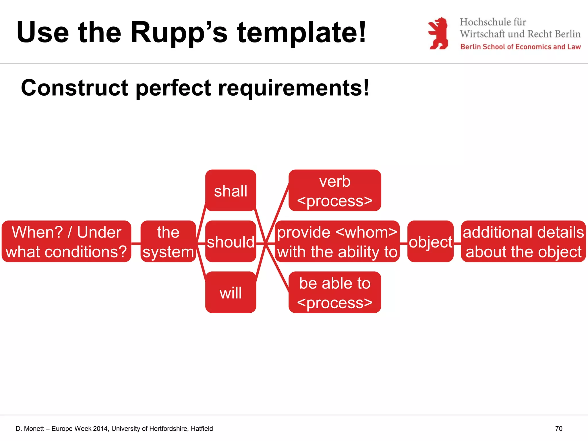 D. Monett – Europe Week 2014, University of Hertfordshire, Hatfield
Use the Rupp’s template!
Construct perfect requirements!
the
system
should
provide <whom>
with the ability to
verb
<process>
be able to
<process>
will
shall
object
additional details
about the object
When? / Under
what conditions?
70
 