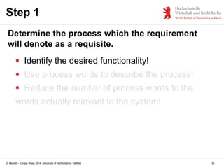 D. Monett – Europe Week 2014, University of Hertfordshire, Hatfield
 Identify the desired functionality!
 Use process words to describe the process!
 Reduce the number of process words to the
words actually relevant to the system!
Step 1
Determine the process which the requirement
will denote as a requisite.
30
 