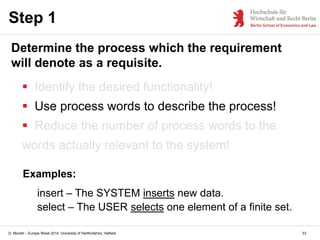 D. Monett – Europe Week 2014, University of Hertfordshire, Hatfield
 Identify the desired functionality!
 Use process words to describe the process!
 Reduce the number of process words to the
words actually relevant to the system!
Step 1
Determine the process which the requirement
will denote as a requisite.
Examples:
insert – The SYSTEM inserts new data.
select – The USER selects one element of a finite set.
33
 