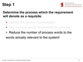 D. Monett – Europe Week 2014, University of Hertfordshire, Hatfield
 Identify the desired functionality!
 Use process words to describe the process!
 Reduce the number of process words to the
words actually relevant to the system!
Step 1
Determine the process which the requirement
will denote as a requisite.
34
 