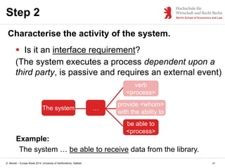 D. Monett – Europe Week 2014, University of Hertfordshire, Hatfield
Step 2
Characterise the activity of the system.
 Is it an interface requirement?
(The system executes a process dependent upon a
third party, is passive and requires an external event)
Example:
The system … be able to receive data from the library.
The system …
provide <whom>
with the ability to
verb
<process>
be able to
<process>
41
 